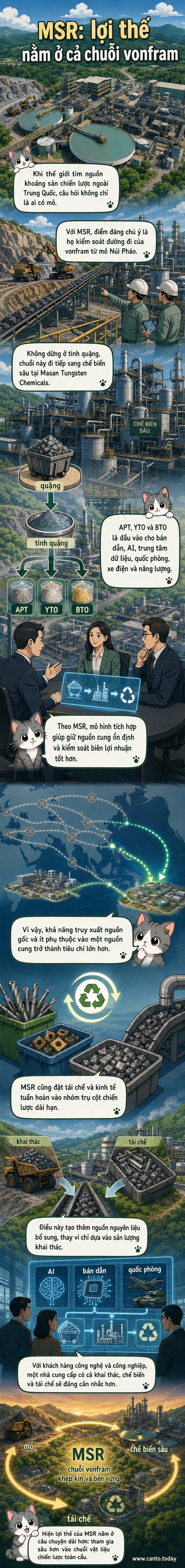 Biểu đồ minh họa chuỗi giá trị tích hợp của MSR từ mỏ Núi Pháo đến nhà máy chế biến và hệ thống tái chế vonfram