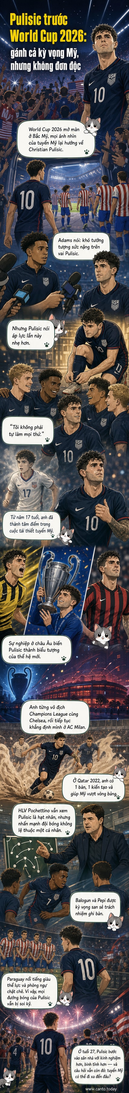 Hình ảnh minh họa Christian Pulisic trong trang phục đội tuyển Mỹ, đứng giữa sân vận động lớn, ánh đèn chiếu rọi, biểu tượng World Cup 2026 phía sau.