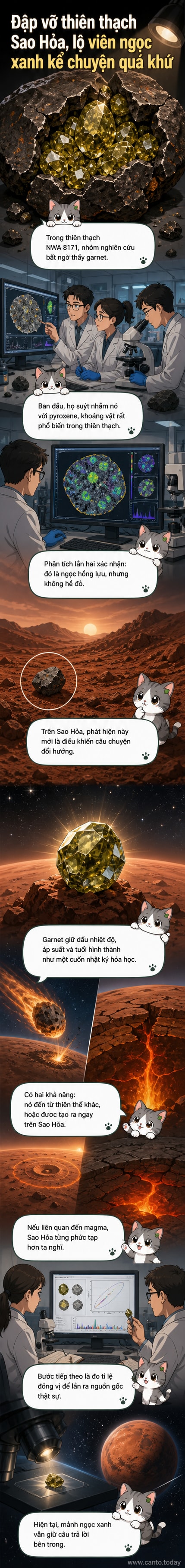 Hình ảnh phóng đại của viên ngọc hồng lựu màu xanh ô liu bên trong mảnh thiên thạch Sao Hỏa NWA 8171, dưới ánh sáng kính hiển vi