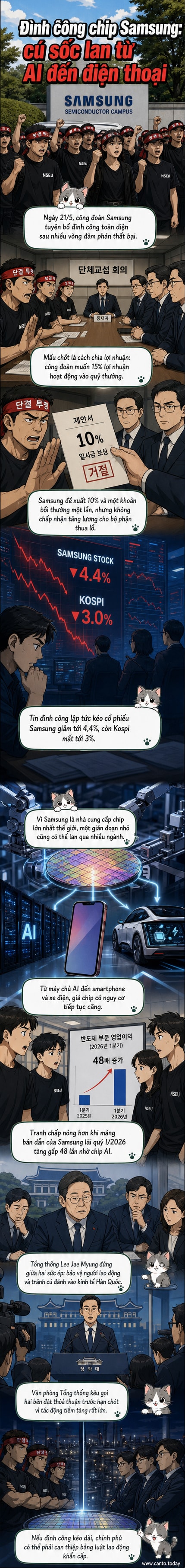 Hình ảnh minh họa cuộc đình công tại nhà máy chip Samsung, với nhân viên biểu tình trước cổng, biểu ngữ yêu cầu chia sẻ lợi nhuận, và sơ đồ chuỗi cung ứng công nghệ toàn cầu bị ảnh hưởng.