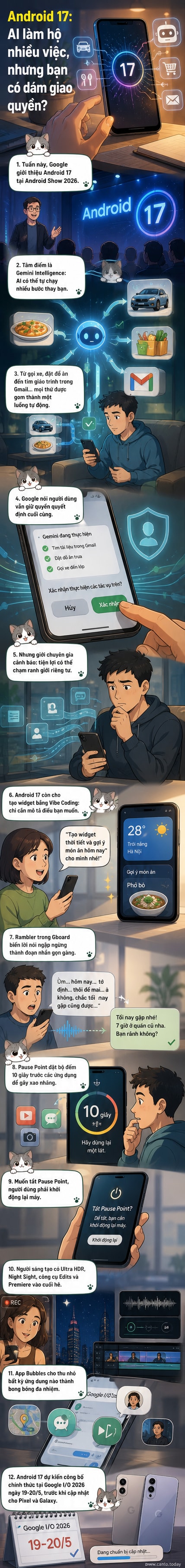 Minh họa giao diện Android 17 với các tính năng Gemini, Pause Point và widget tùy chỉnh bằng AI