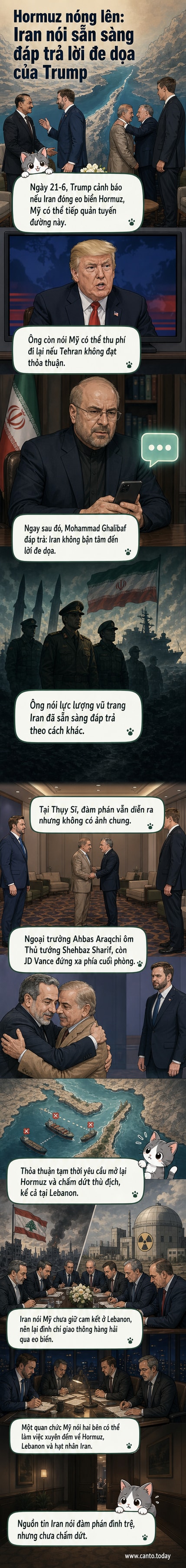 Hai nhà lãnh đạo đứng đối diện nhau trong bối cảnh bản đồ eo biển Hormuz, biểu tượng cho căng thẳng Mỹ - Iran leo thang sau lời đe dọa quân sự và cảnh báo đáp trả.