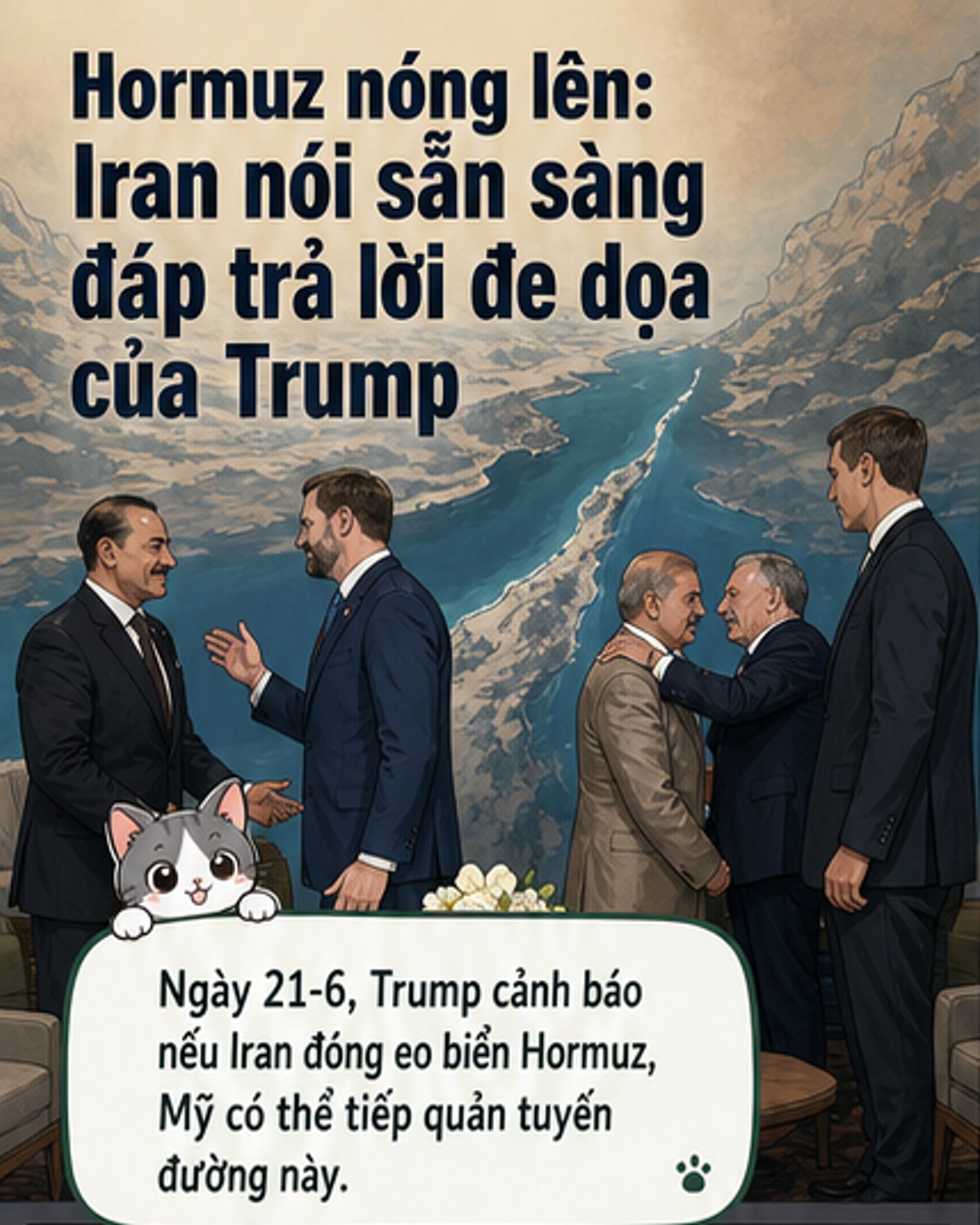 Hai nhà lãnh đạo đứng đối diện nhau trong bối cảnh bản đồ eo biển Hormuz, biểu tượng cho căng thẳng Mỹ - Iran leo thang sau lời đe dọa quân sự và cảnh báo đáp trả.