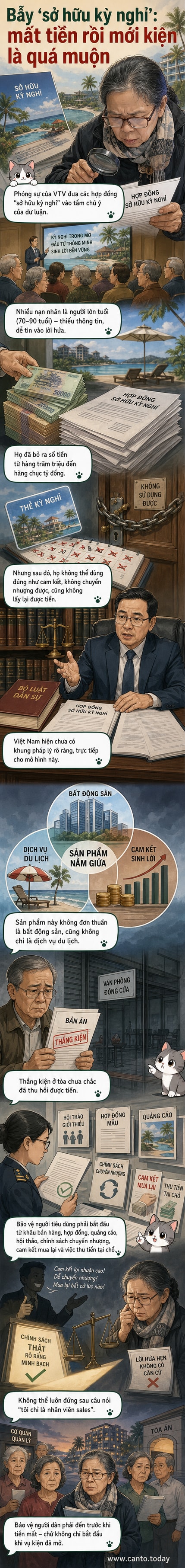 Hình ảnh minh họa một hợp đồng kỳ nghỉ với các dòng chữ mờ ảo, đồng thời hiện lên khuôn mặt lo lắng của người cao tuổi bên cạnh đồng tiền đang biến mất