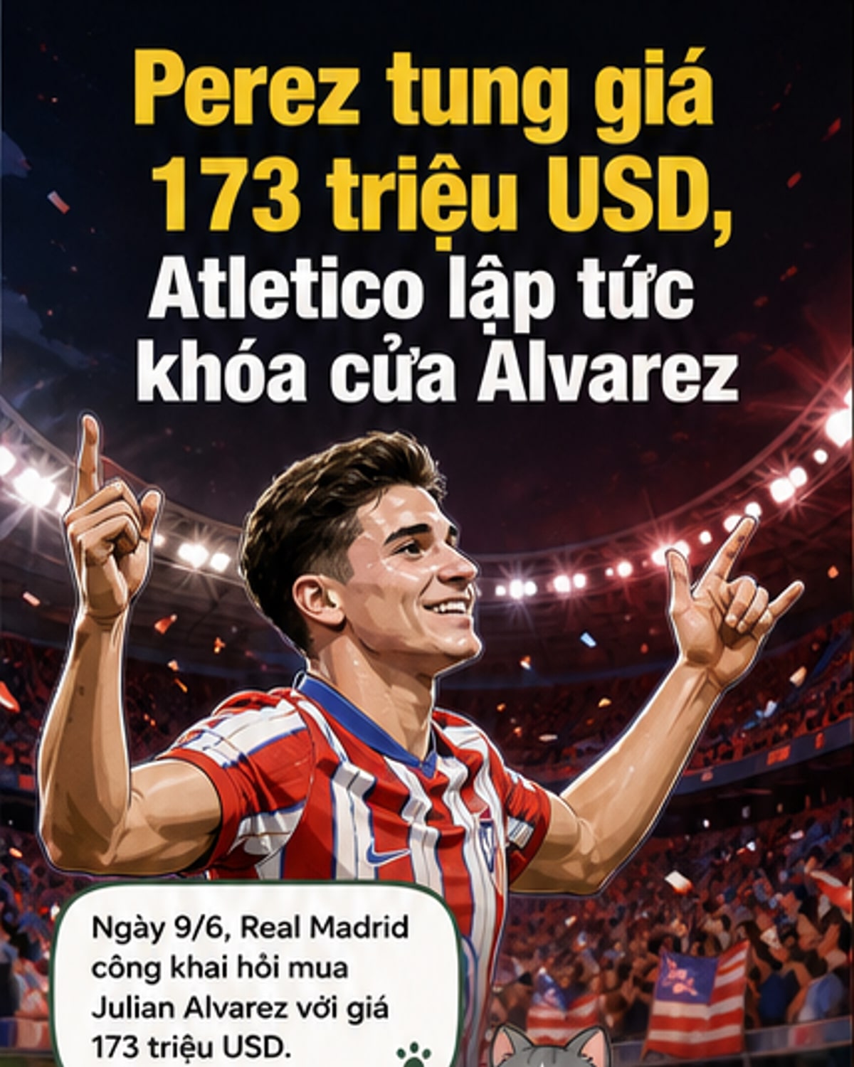 Chủ tịch Real Madrid Florentino Perez đứng trên bục, tay giơ cao, ăn mừng chiến thắng trong cuộc bầu cử, trong khi màn hình phía sau hiển thị thông báo về lời đề nghị chuyển nhượng Julian Alvarez.