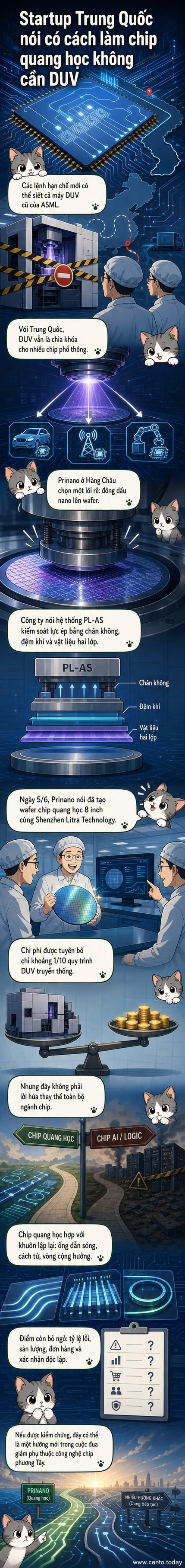 Minh họa quy trình in nano của Prinano: khuôn ép giống như con dấu được đặt lên bề mặt wafer để tạo cấu trúc chip quang học, không cần máy quang khắc ASML