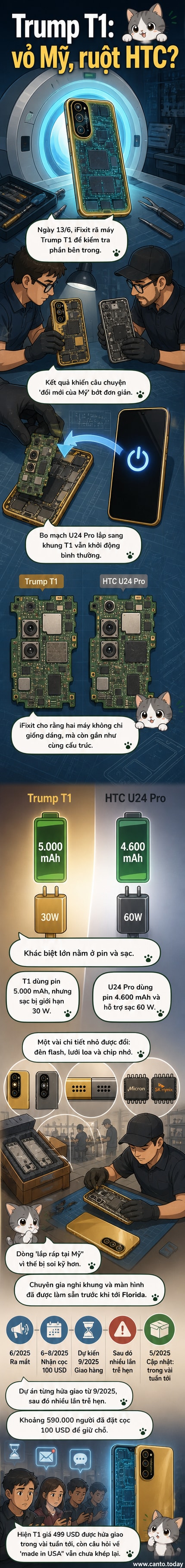 Hình ảnh so sánh bo mạch chủ và linh kiện bên trong điện thoại Trump T1 và HTC U24 Pro, cho thấy sự giống nhau gần như hoàn toàn.