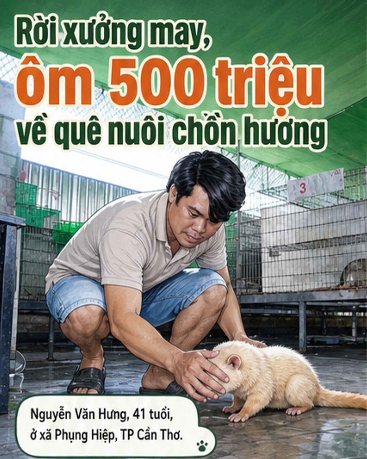 Anh Nguyễn Văn Hưng đứng bên chuồng chồn hương trong trang trại ở Cần Thơ, với những con chồn có bộ lông vàng nhạt và mắt đỏ đặc trưng