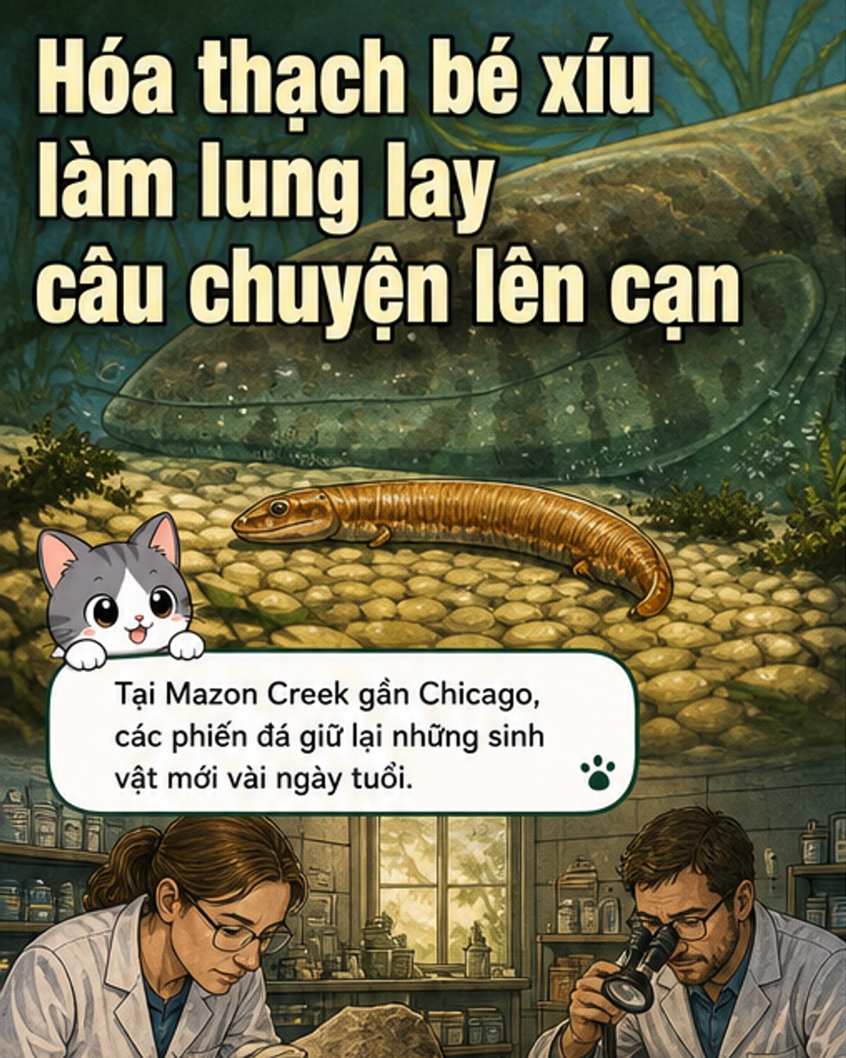 Hình ảnh minh họa sinh vật embolomere non tuổi, trông giống sự kết hợp giữa cá sấu và lươn, bò trên bùn ven đầm lầy thời tiền sử.