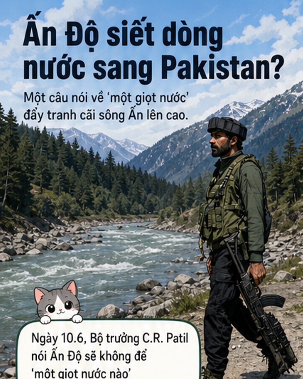 Binh sĩ Ấn Độ tuần tra bên bờ sông Lidder ở Kashmir, trong bối cảnh căng thẳng về nguồn nước với Pakistan leo thang.