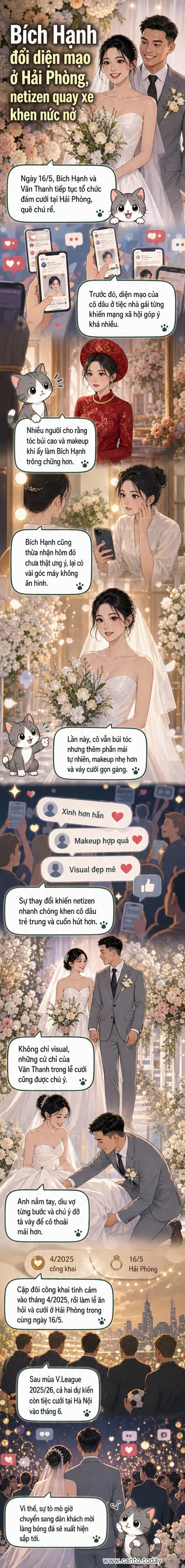 Cô dâu Trần Bích Hạnh trong váy cưới trắng, cười rạng rỡ bên chú rể Vũ Văn Thanh tại tiệc cưới ở Hải Phòng