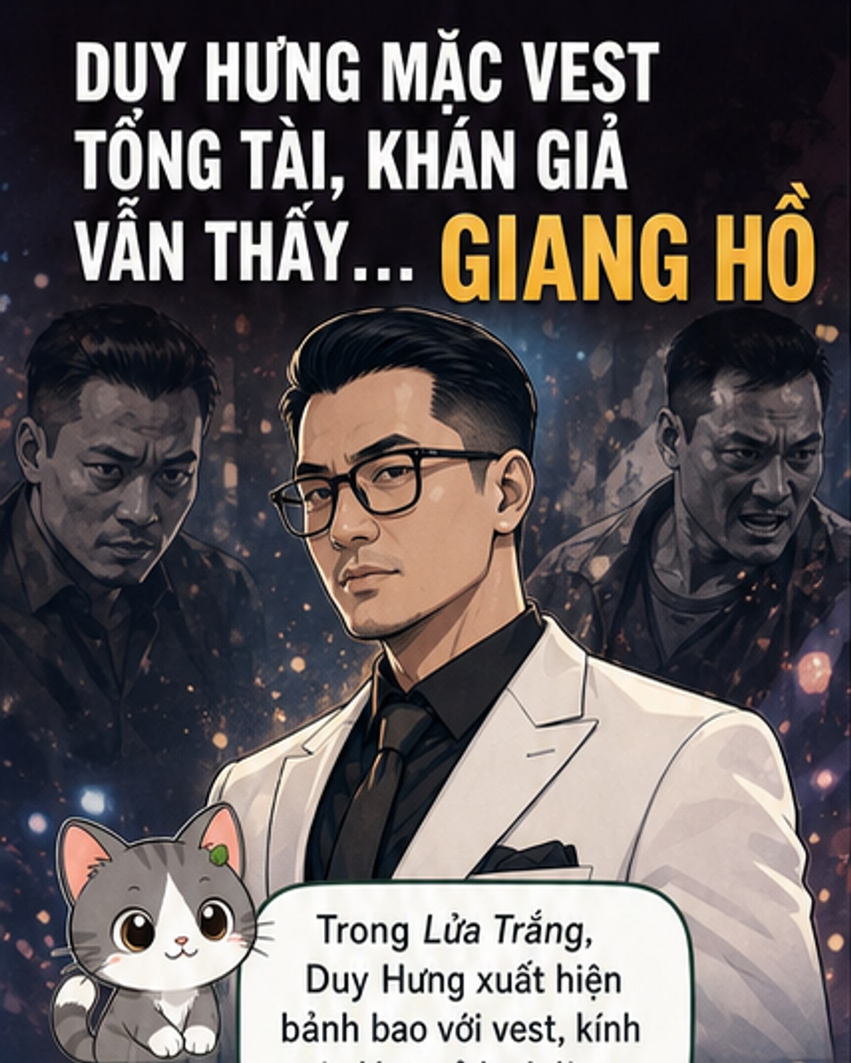 Diễn viên Duy Hưng trong tạo hình vest, đeo kính, đứng nghiêm như một tổng tài, nhưng biểu cảm gương mặt lại khiến người xem bật cười.