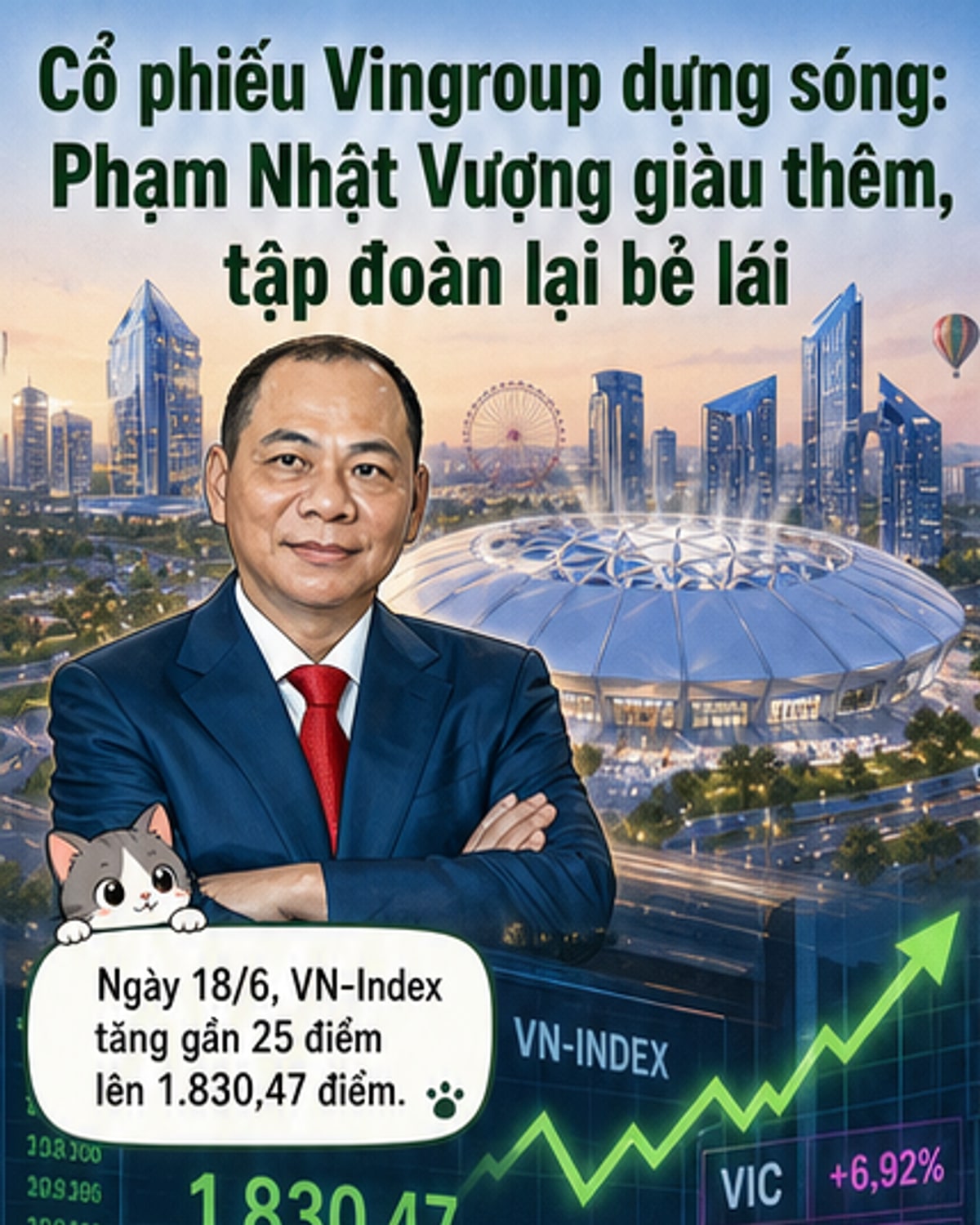 Biểu đồ tăng trưởng cổ phiếu Vingroup và hình ảnh tỷ phú Phạm Nhật Vượng, minh họa cho sự dịch chuyển chiến lược và gia tăng tài sản