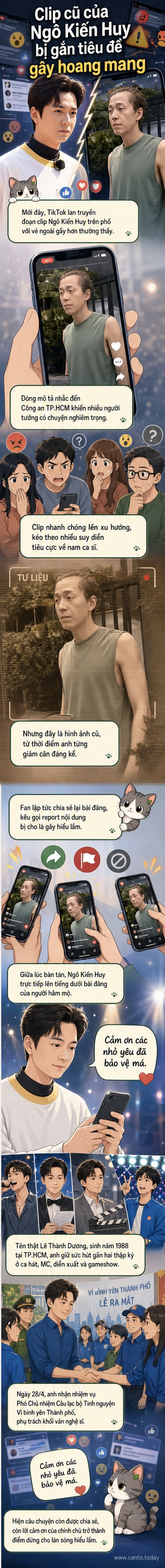 Hình ảnh Ngô Kiến Huy trong clip bị lan truyền với ngoại hình gầy, mặc áo tank top, bên cạnh màn hình điện thoại hiển thị tiêu đề sai lệch.