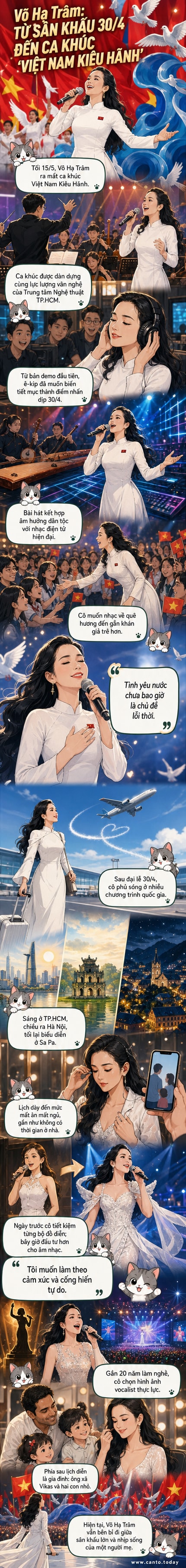 Ca sĩ Võ Hạ Trâm biểu diễn trên sân khấu với trang phục truyền thống, ánh sáng rực rỡ, khán giả vỗ tay phía sau.