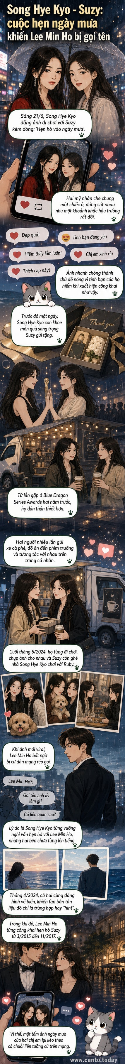 Hai nữ diễn viên nổi tiếng che chung ô dưới trời mưa, tựa vai thân mật, nền là phố vắng và ánh đèn mờ ảo