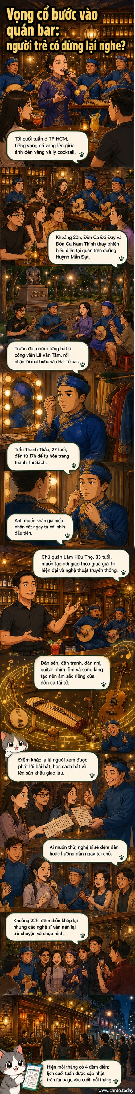 Một nghệ sĩ mặc áo bà ba biểu diễn ca vọng cổ dưới ánh đèn quán bar, khán giả ngồi xung quanh nhâm nhi cocktail