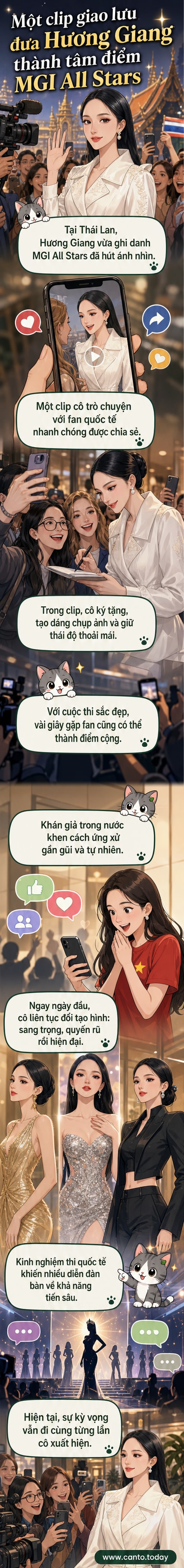 Hương Giang tươi cười, tương tác thân thiện với nhóm fan quốc tế tại sự kiện MGI All Stars ở Thái Lan, trong trang phục váy cắt xẻ táo bạo và tạo hình chỉn chu.