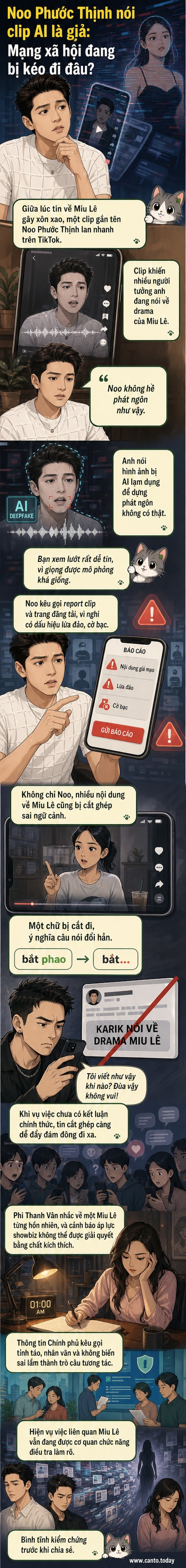 Hình ảnh Noo Phước Thịnh trong một buổi phỏng vấn, với dòng chữ 'clip giả mạo bằng AI' nổi bật bên cạnh