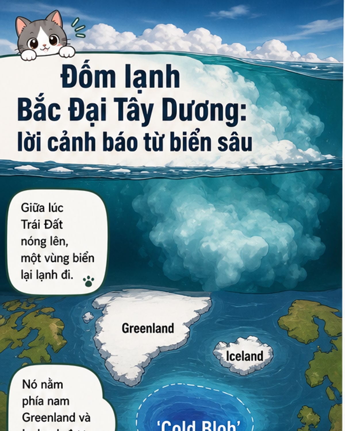 Bản đồ nhiệt độ bề mặt biển cho thấy một vùng lạnh bất thường phía nam Greenland giữa đại dương đang ấm lên, minh họa cho hiện tượng 'đốm lạnh' Bắc Đại Tây Dương.