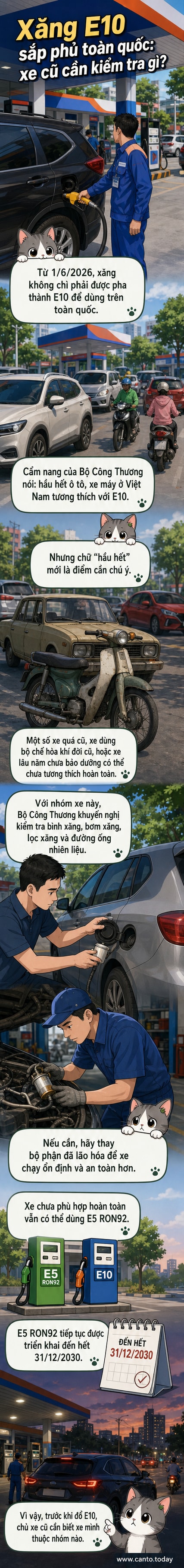 Hình minh họa xe máy và ô tô cũ bên trạm xăng với dòng chữ 'Xăng E10 – Chuyển đổi nhiên liệu toàn quốc từ 1/6/2026'