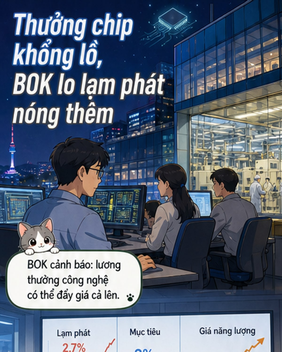 Hình ảnh minh họa kỹ sư công nghệ Hàn Quốc nhận thưởng lớn, đồng thời biểu đồ lạm phát và biểu đồ tăng trưởng cổ phiếu bán lẻ tăng vọt