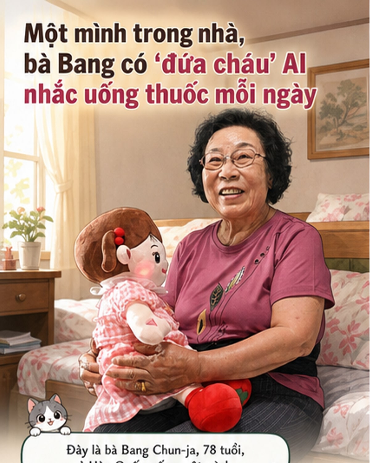 Một cụ bà 78 tuổi ở Hàn Quốc đang cầm trên tay búp bê AI Hyodol, thiết bị được thiết kế để đồng hành và hỗ trợ người cao tuổi trong sinh hoạt hằng ngày.