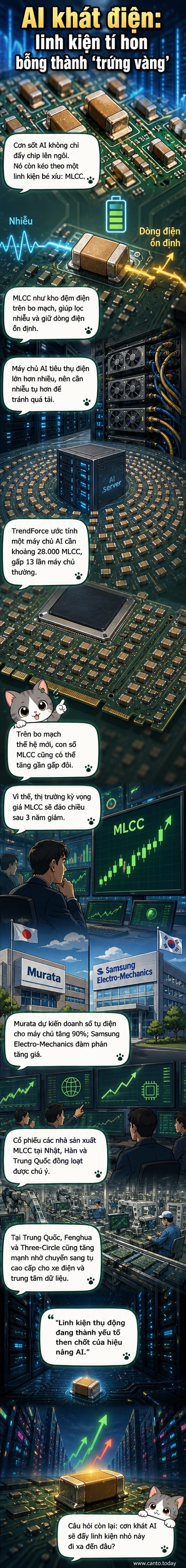 Minh họa tụ điện gốm đa lớp (MLCC) nhỏ bằng hạt gạo trên bảng mạch, được phóng to giữa bối cảnh trung tâm dữ liệu AI với các máy chủ phát sáng.