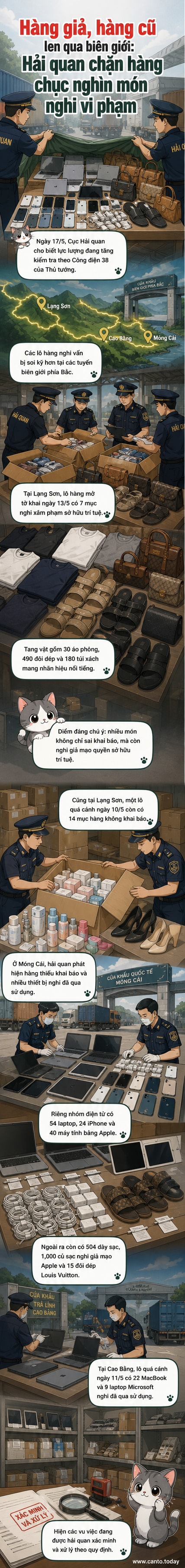 Hình minh họa cảnh hải quan kiểm tra các thùng hàng chứa giày dép, túi xách và thiết bị điện tử bị tạm giữ vì nghi vấn xâm phạm sở hữu trí tuệ tại một cửa khẩu phía Bắc Việt Nam.