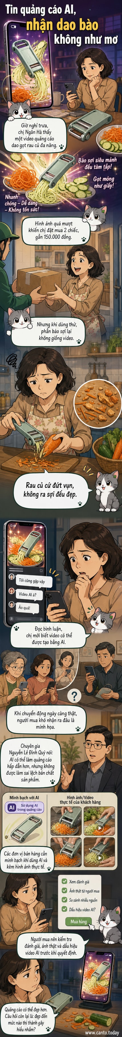 Một video quảng cáo AI trên điện thoại hiển thị chiếc dao đa năng bào rau củ mượt mà, trong khi thực tế chiếc dao đặt trên bàn không thể làm được như vậy, kèm biểu cảm ngỡ ngàng của người dùng.