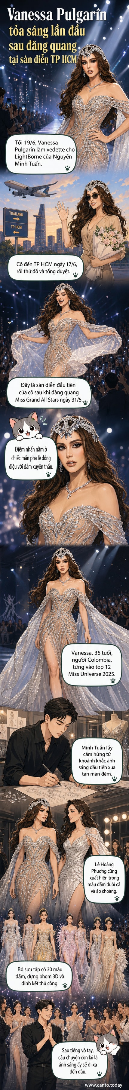 Vanessa Pulgarín trong trang phục dạ hội ánh kim, đội phụ kiện đầu pha lê, trình diễn trên sàn catwalk tại Tuần lễ Thời trang Quốc tế Việt Nam 2026.