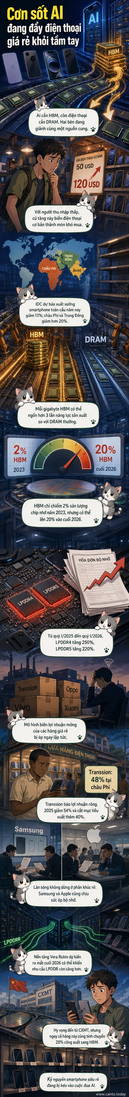 Một chiếc smartphone giá rẻ bị che khuất bởi bóng dáng lớn của một con chip AI và biểu đồ giá tăng vọt, minh họa cho sự khan hiếm và chi phí đội giá do nhu cầu AI.