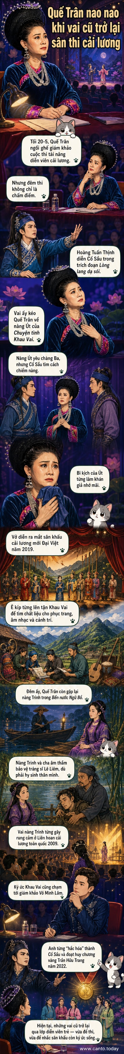 Nghệ sĩ Quế Trân trong vai nàng Út từ vở Chuyện tình Khau Vai, đứng cạnh hình ảnh thí sinh trẻ thể hiện nhân vật Cố Sầu