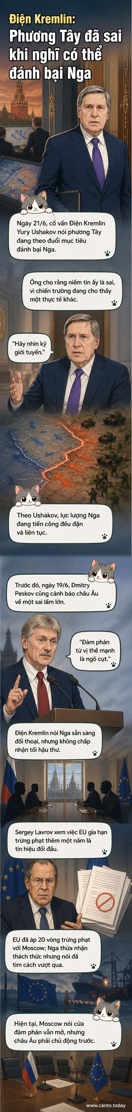 Ảnh minh họa: Cố vấn chính sách đối ngoại Điện Kremlin Yury Ushakov phát biểu trước ống kính, nền sau là biểu tượng Nga và bản đồ khu vực chiến sự Ukraine.