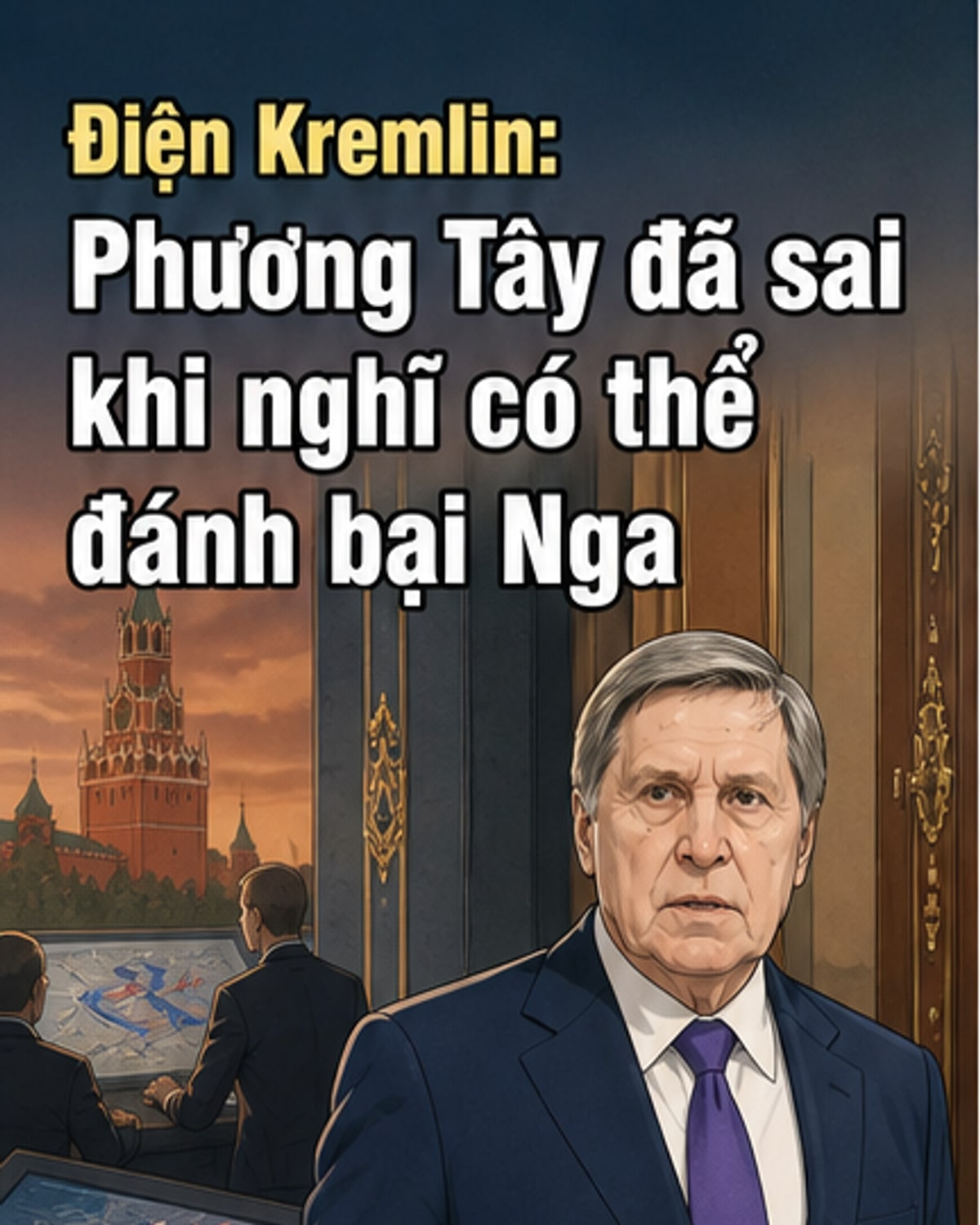 Ảnh minh họa: Cố vấn chính sách đối ngoại Điện Kremlin Yury Ushakov phát biểu trước ống kính, nền sau là biểu tượng Nga và bản đồ khu vực chiến sự Ukraine.
