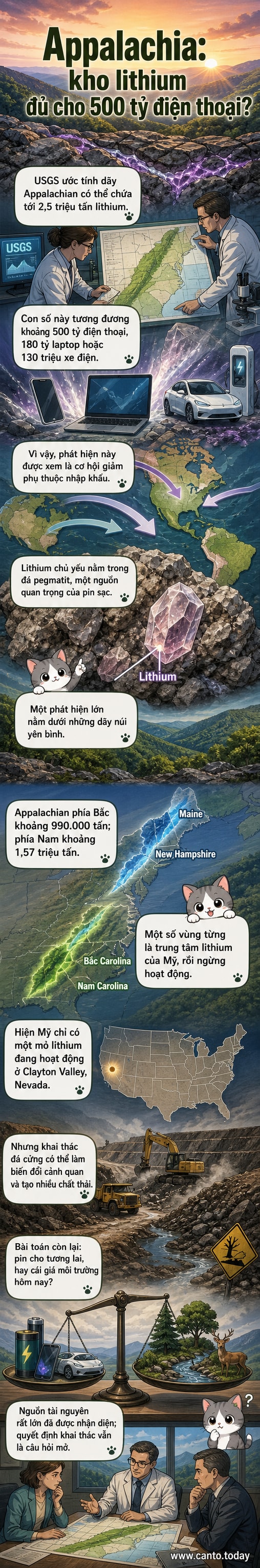 Minh họa dãy núi Appalachian với lớp đá bên trong chứa lithium, biểu tượng điện thoại, xe điện và máy tính xung quanh để thể hiện ứng dụng