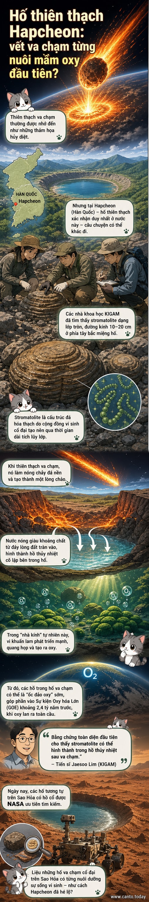 Minh họa thiên thạch va chạm vào Trái Đất, tạo ra hố lớn với hồ nước nóng bên trong, nơi vi khuẩn lam phát triển và tạo ra oxy đầu tiên.