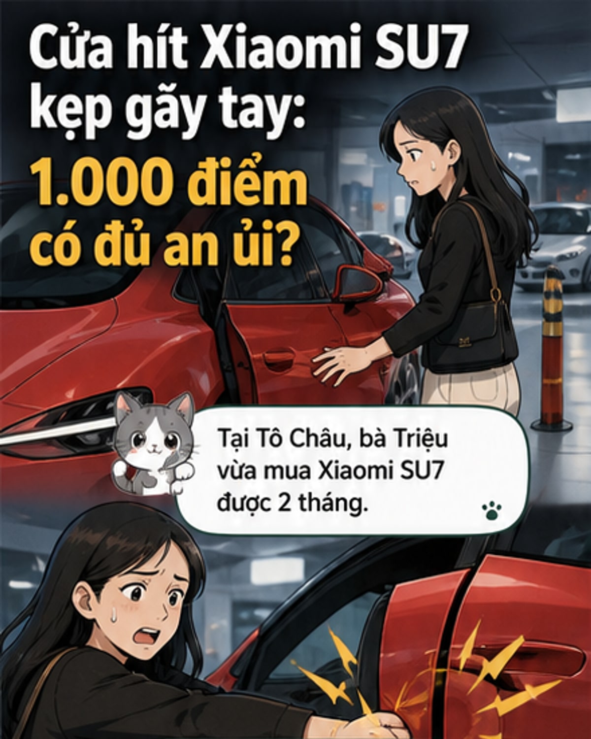 Minh họa một cánh cửa xe điện Xiaomi SU7 đang kẹp tay người dùng, với biểu tượng điểm thưởng hiện lên như phần bồi thường, thể hiện sự mâu thuẫn giữa tổn thương thực và phần thưởng ảo.