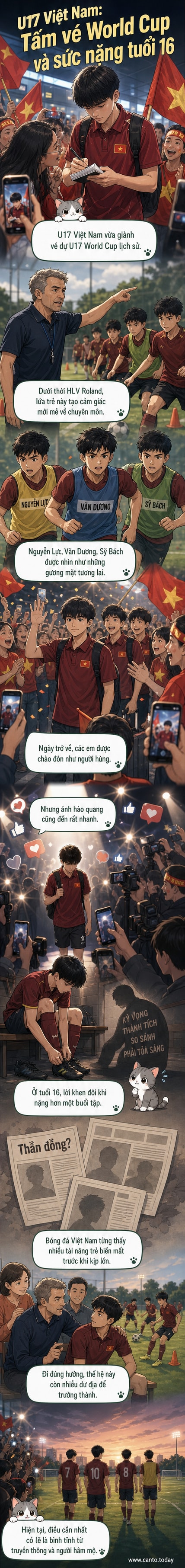 Hình ảnh đội tuyển U17 Việt Nam ăn mừng chiến thắng, mặc áo đỏ, trên nền sân cỏ và khán đài cổ vũ