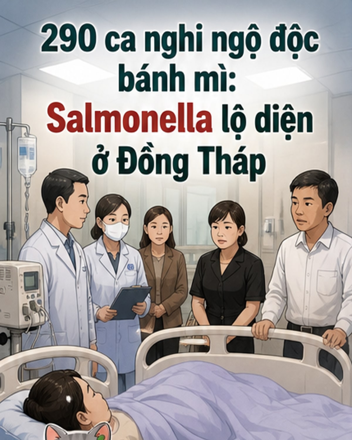 Hình minh họa chiếc bánh mì với dấu hiệu cảnh báo vi khuẩn, nền là bệnh viện và nhân viên y tế đang làm việc
