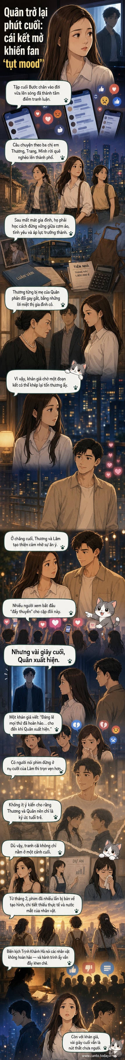 Ảnh nhân vật Thương và Lâm trong phim 'Bước chân vào đời', khung cảnh cuối phim với ánh nhìn đầy tâm trạng khi Quân bất ngờ xuất hiện