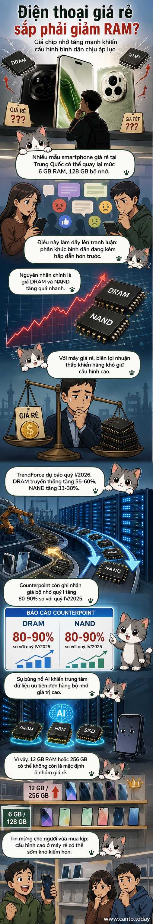 Minh họa điện thoại thông minh với RAM và bộ nhớ giảm xuống mức cũ, trong bối cảnh giá chip nhớ tăng mạnh do nhu cầu AI