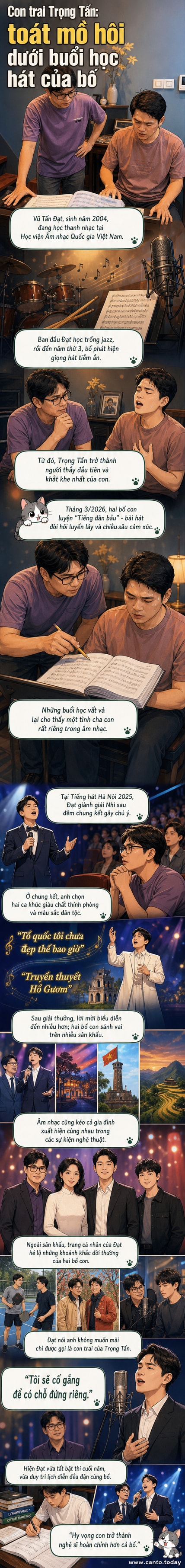 Hình ảnh hai bố con ca sĩ Trọng Tấn và con trai Vũ Tấn Đạt đang luyện tập hát trên sân khấu, thể hiện sự gắn bó và truyền lửa âm nhạc.
