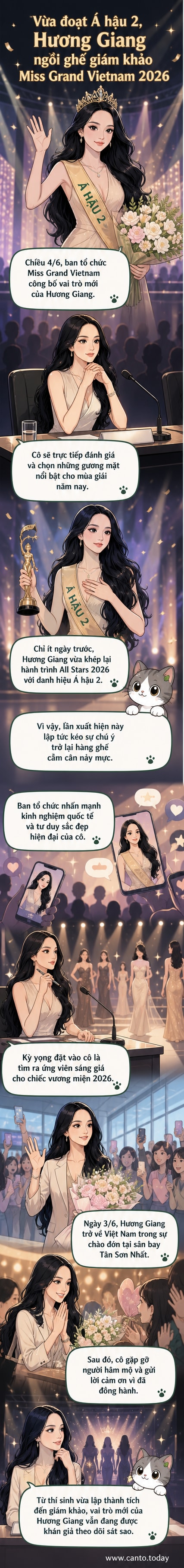 Hình ảnh Hương Giang trong trang phục dạ hội, đứng trên bục nhận giải Á hậu 2, sau đó ngồi hàng ghế giám khảo với biểu cảm nghiêm túc.