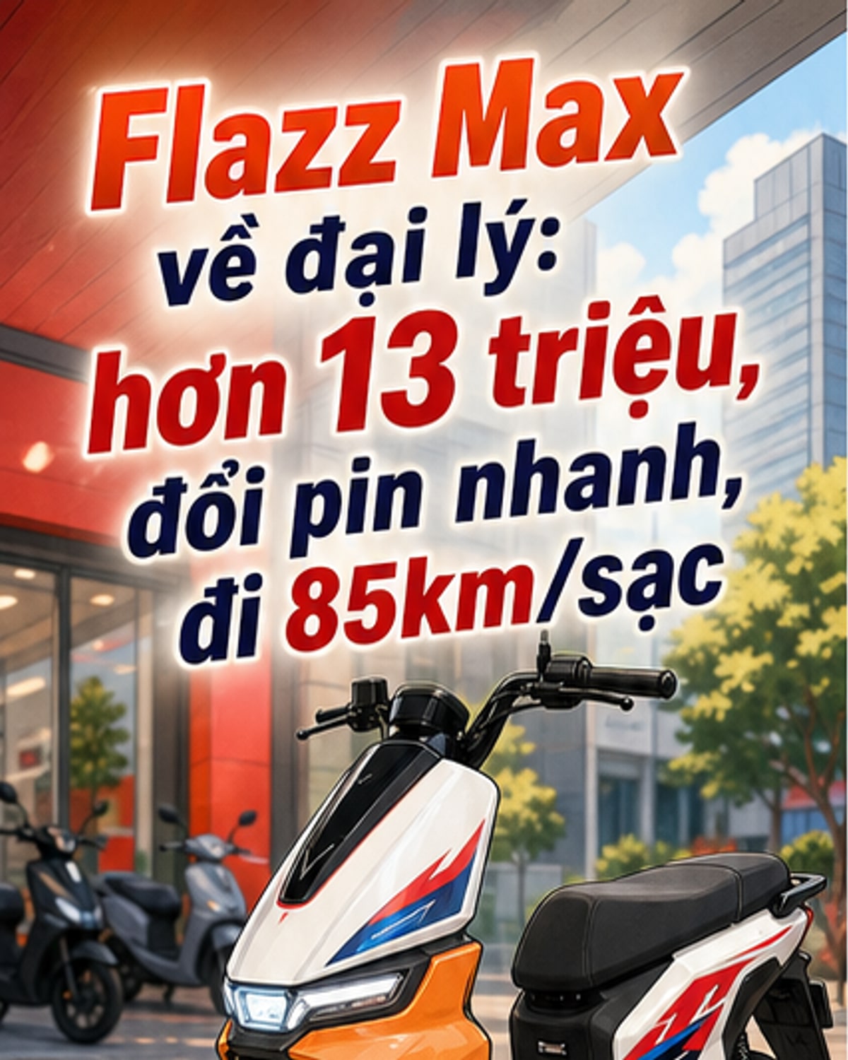 Hình ảnh cận cảnh xe máy điện VinFast Flazz Max màu xanh và trắng, thiết kế trẻ trung, tem nổi bật, đang được trưng bày tại đại lý