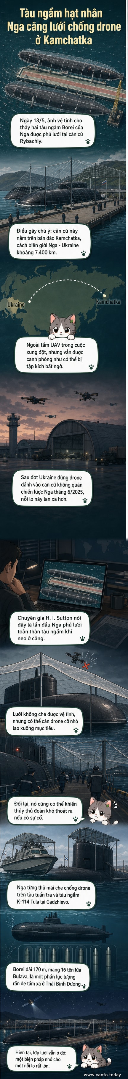 Hình ảnh vệ tinh cho thấy hai tàu ngầm lớp Borei của Nga được phủ kín bằng lưới bảo vệ tại căn cứ Rybachiy trên bán đảo Kamchatka.