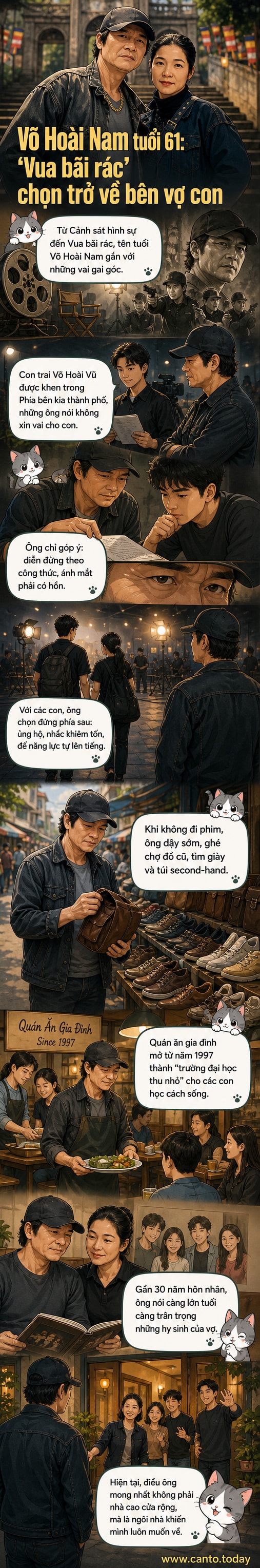 Diễn viên Võ Hoài Nam ngồi trong căn nhà nhỏ, ánh mắt hiền hậu, xung quanh là những đôi giày và túi da second-hand anh sưu tầm.