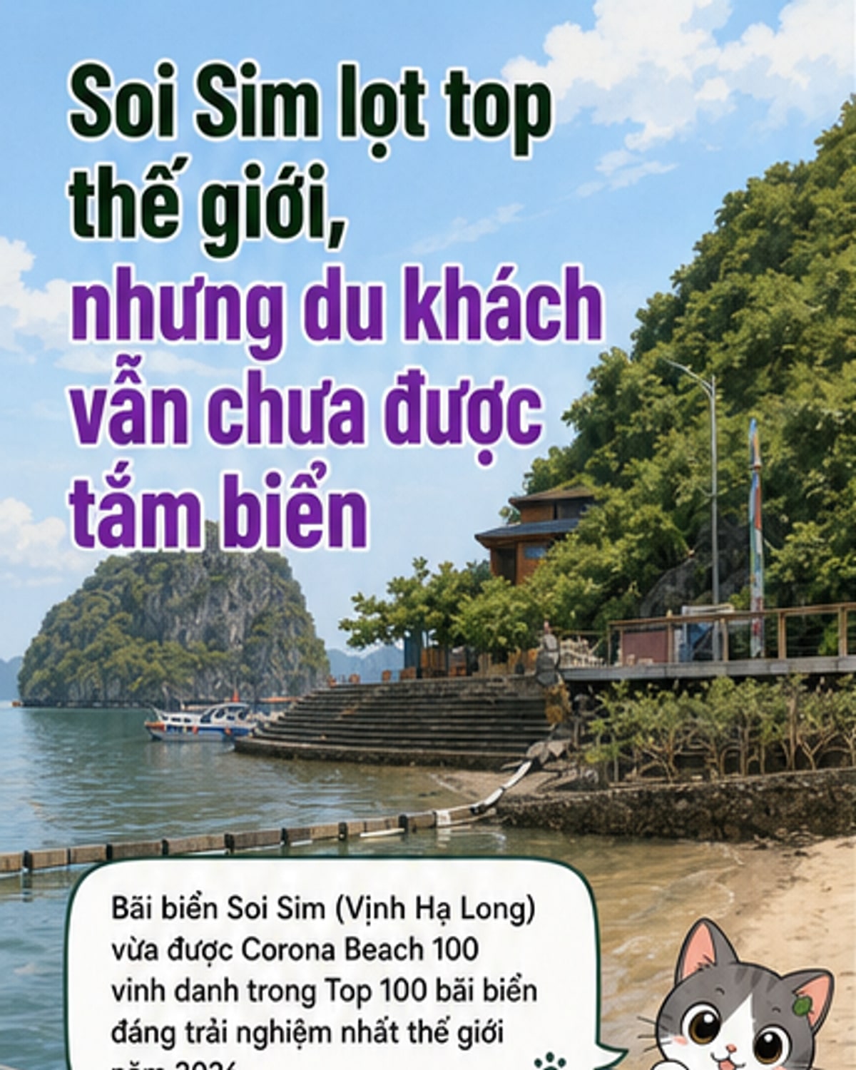 Bãi biển Soi Sim với cát trắng, nước xanh và cảnh quan hoang sơ trên vịnh Hạ Long, nhìn từ trên cao