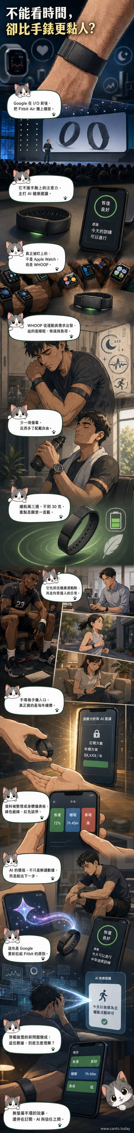一隻無屏幕的黑色手環戴在手腕上,背景為簡約的健康數據圖表,象徵極簡設計與AI健康監測的結合