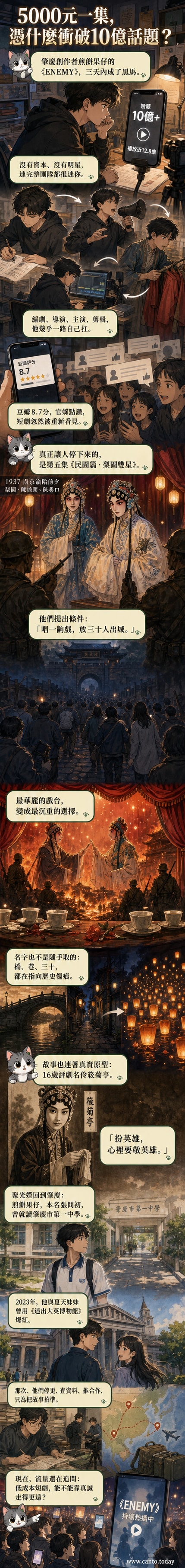 《ENEMY》短劇海報,背景為民國風戲台,男女主角身著戲服佇立火光中,象徵戲魂與國魂的交融。